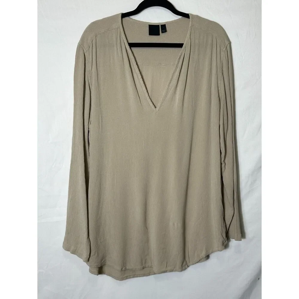 ASOS Utility Soft Long Sleeve Relaxed Viscose T-Shirt Deep V-Neck Beige Size L - Picture 1 of 4